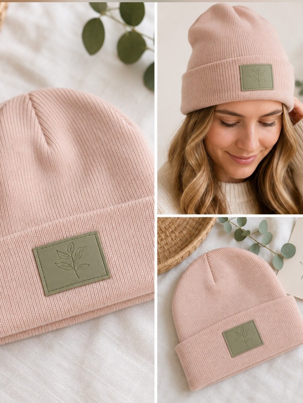 Blush Pink Knit Beanie Hat with Sage Green Leaf Patch Minimalist Winter Cap